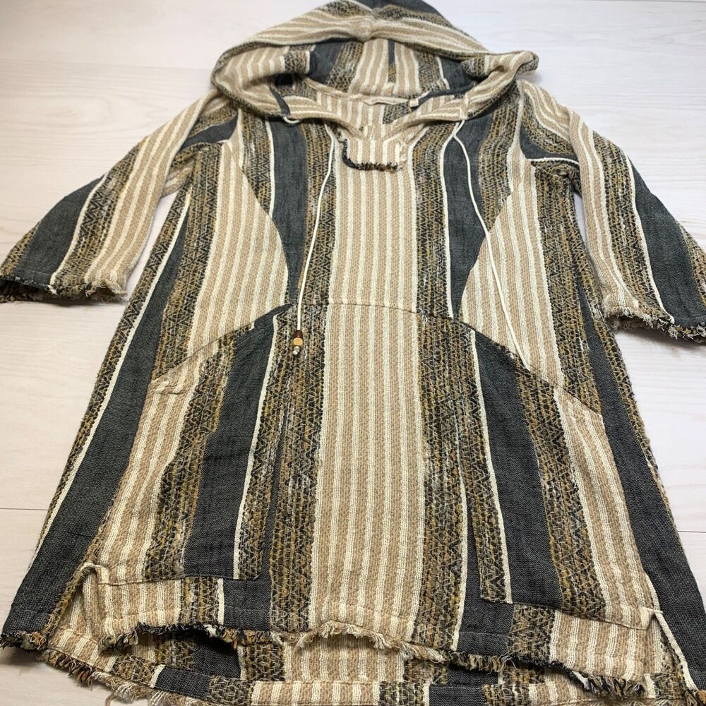 Soft Surroundings Mixed Media Tan Striped Pullover Hoody Sz XS Pocket Boho